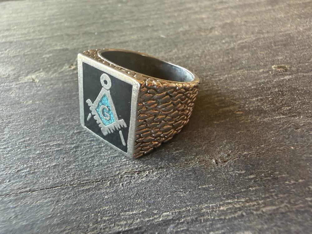 Vintage Sterling Silver 925 Masonic Ring 13g – Size 8 – Turquoise Enamel Insert